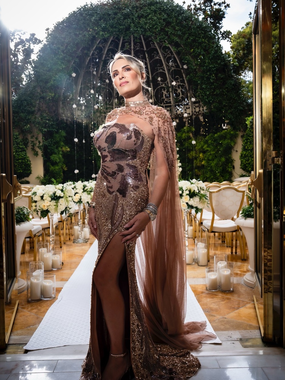 Elegant Rose Gold Sequin Evening Gown with Cape